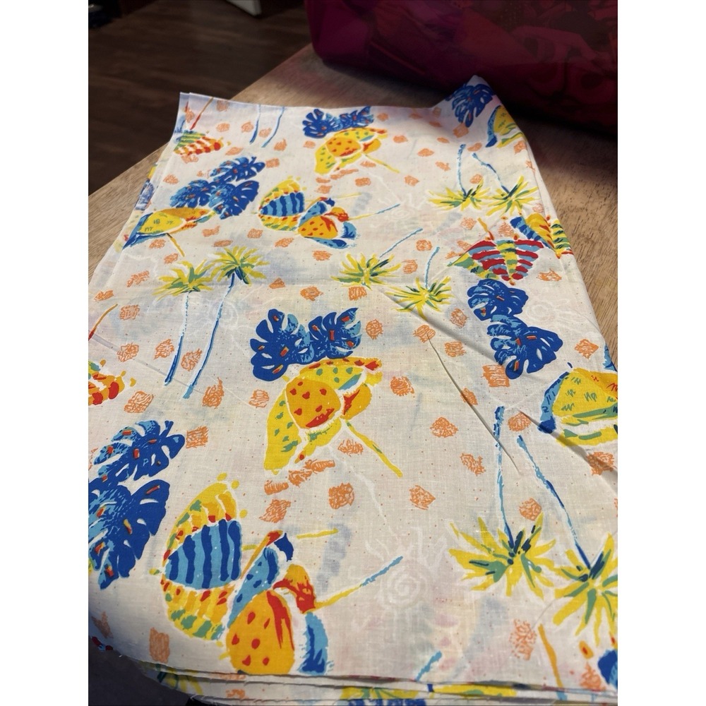 Vintage Quilting Fabric Tropical Print 1 Yard Blue Yellow Red Retro Crafting